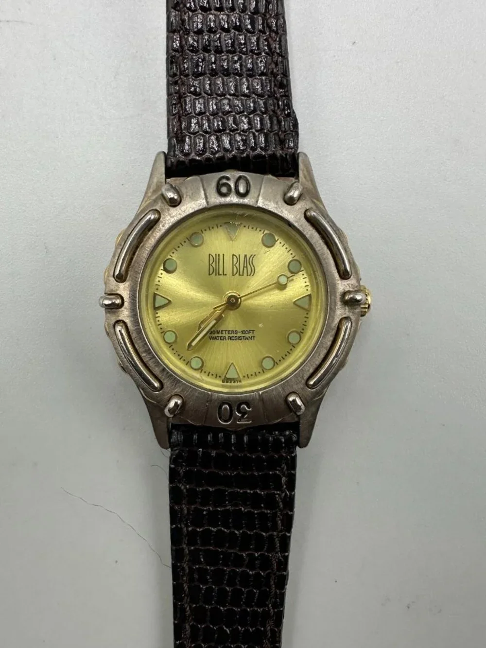 3/$30 Vintage Bill Blass Watch Women Silver Tone Gold Dial Leather Band 7.5